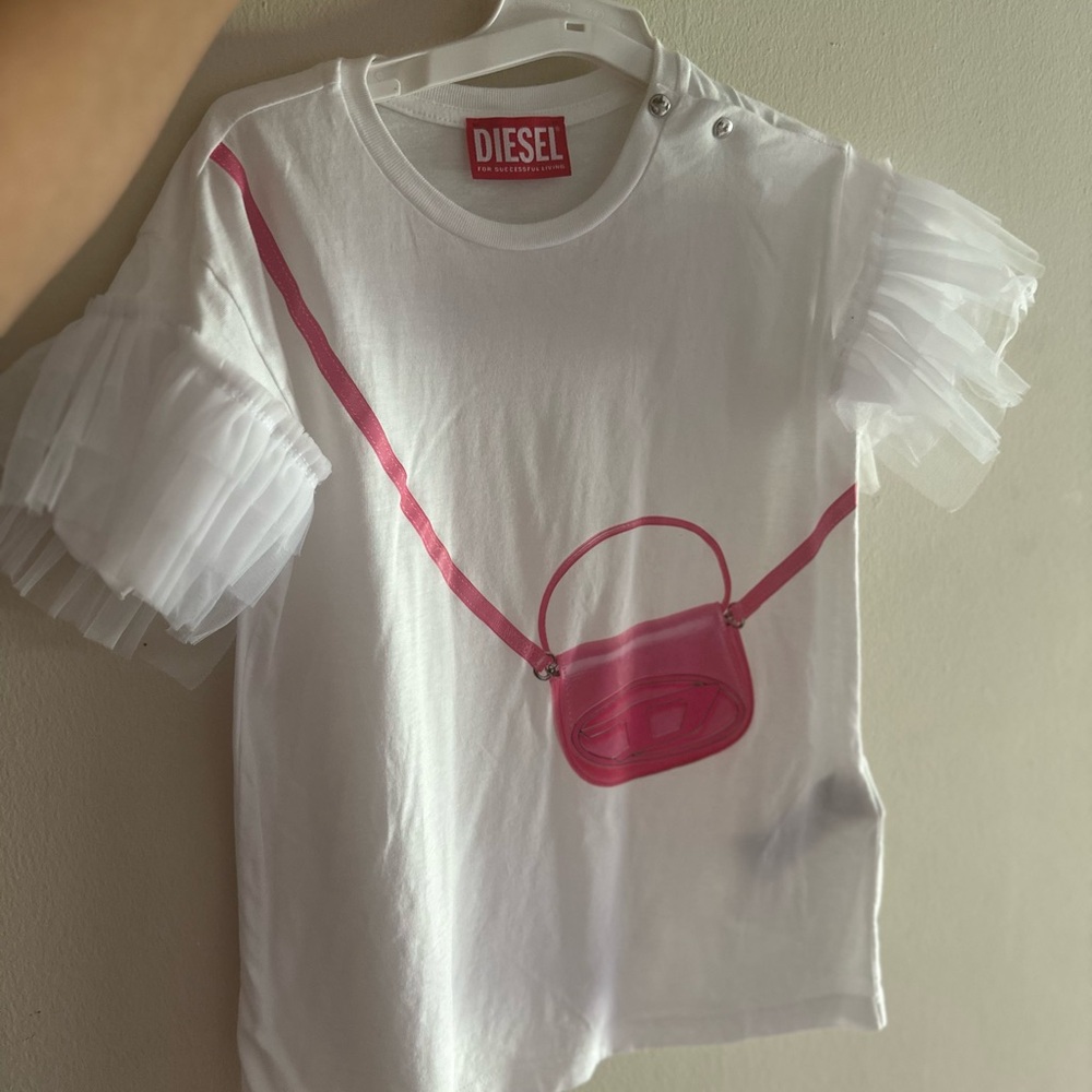Diesel Kids White Tee with Pink Bag Design